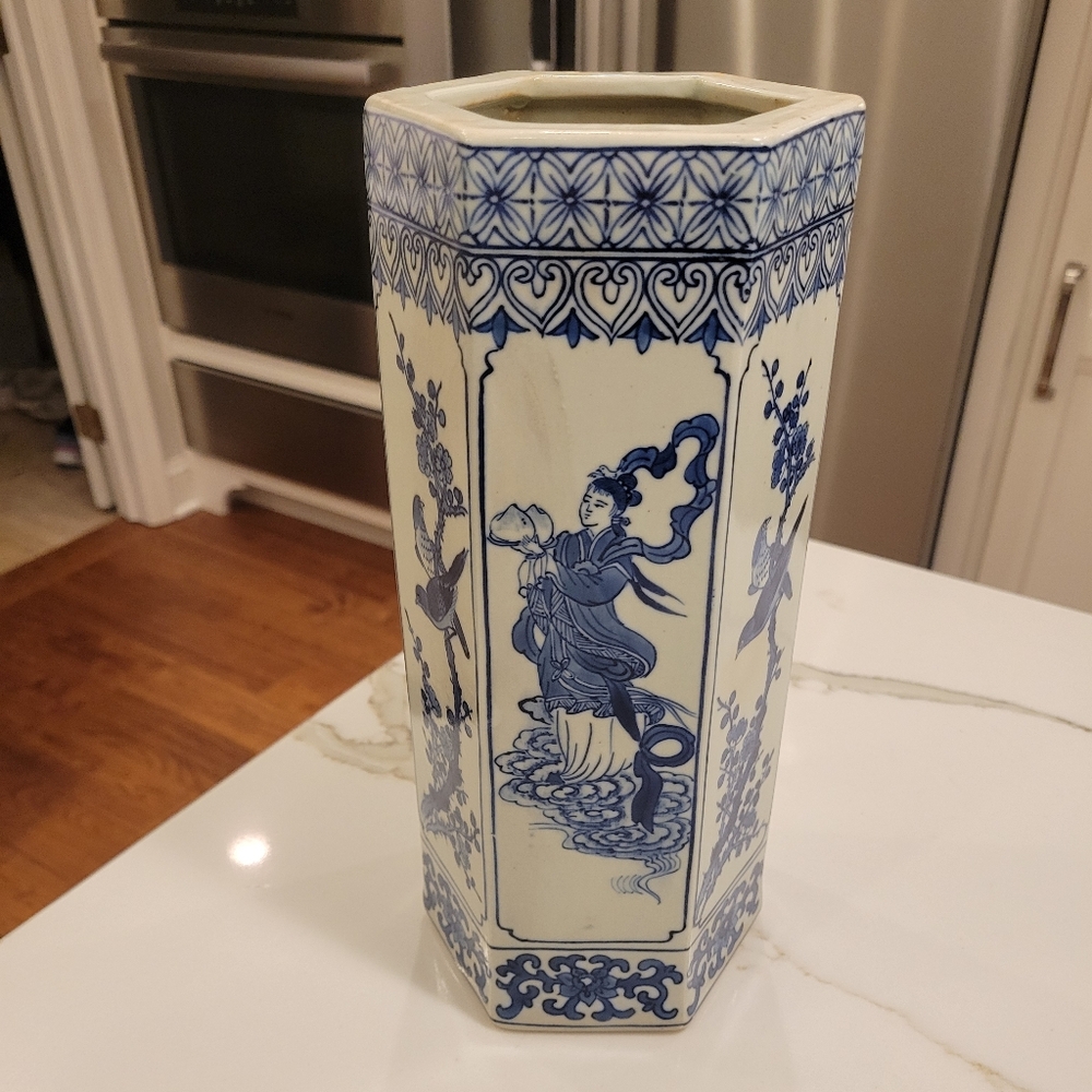 Hexagonal Blue and White Ceramic Vase